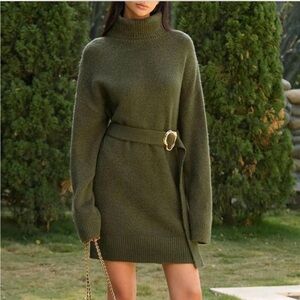 Commense turtleneck sweater short dress with belt